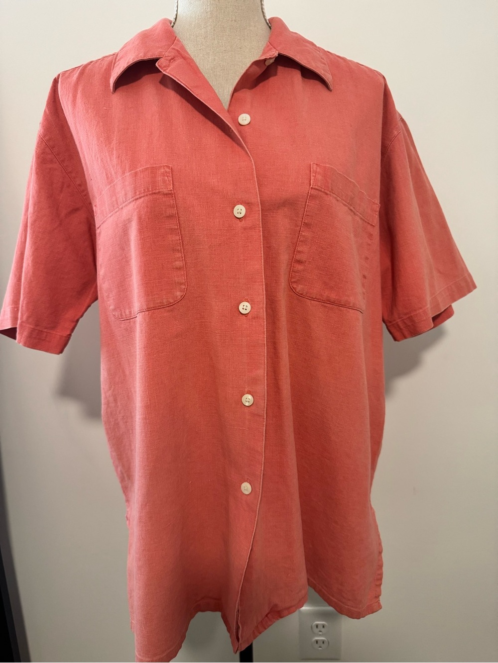 Hunt Club Linen Blend Coral Short-Sleeve Button-Down Baggy Shirt Size Medium